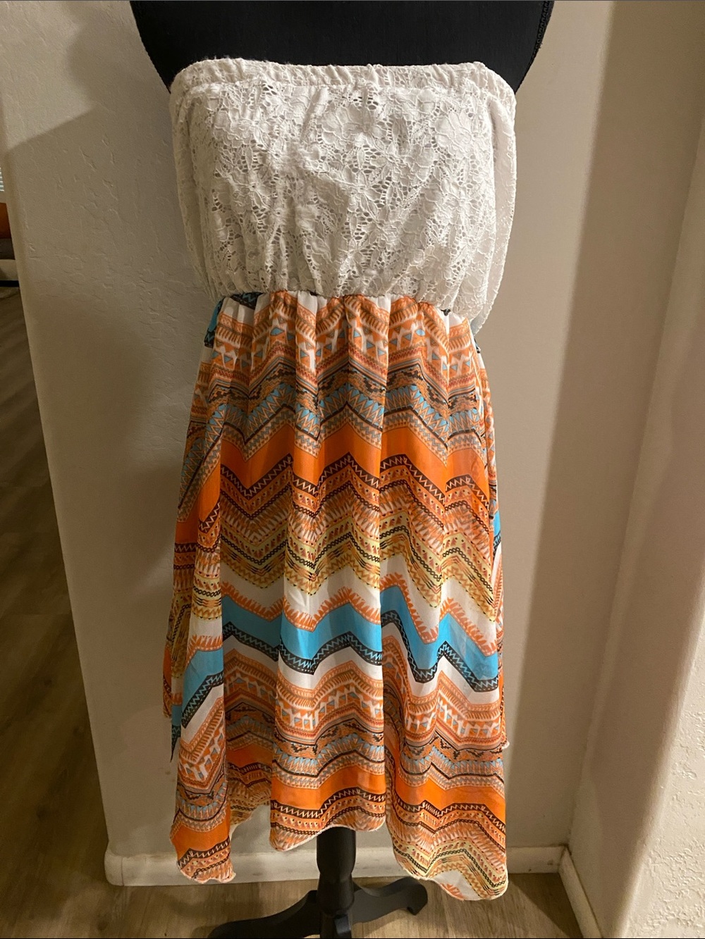 Almost Famous White Lace Top with Multicolor Chevron Skirt